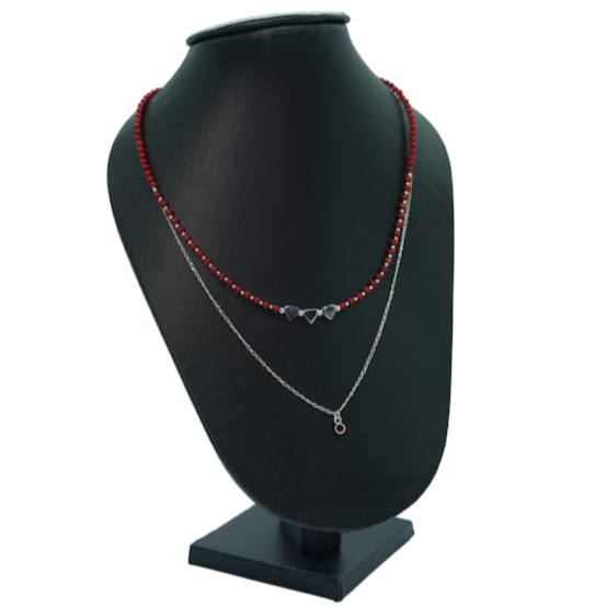 collar de corazones de coralina rojo y plata para mujer doble