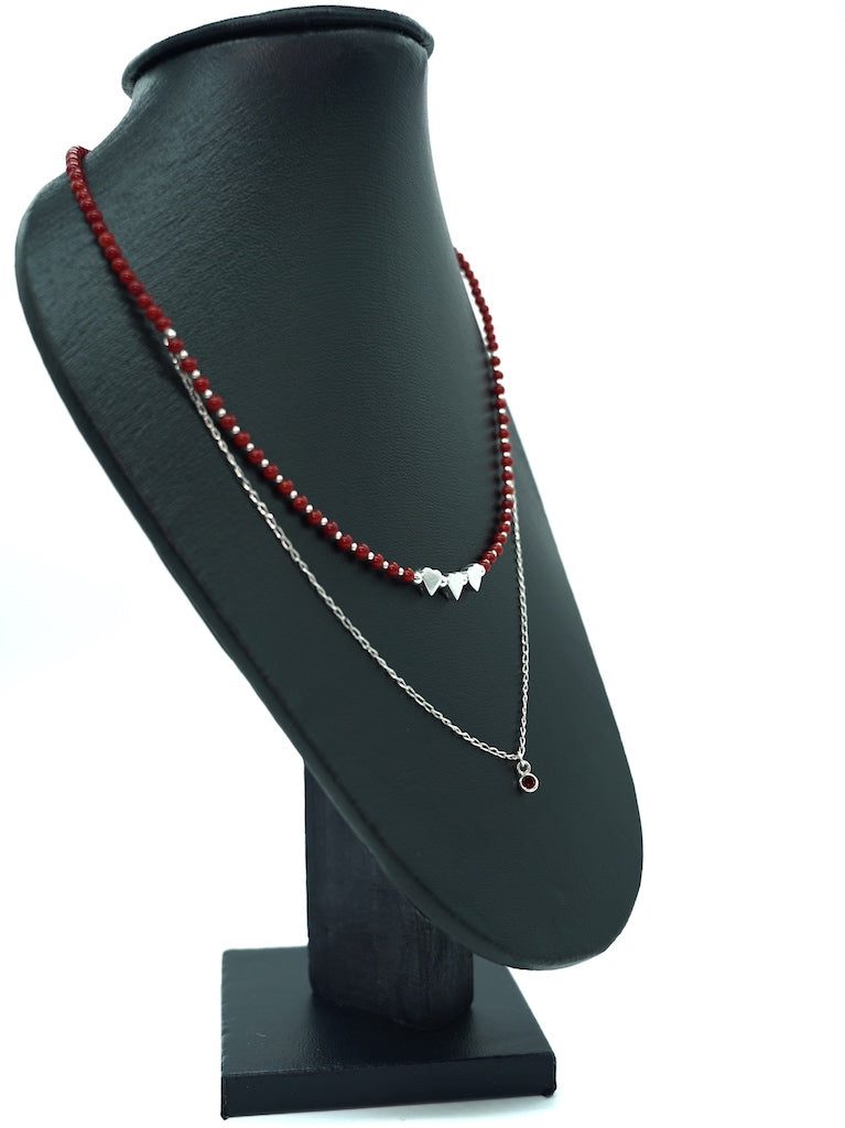 collar de corazones de coralina roja y plata para mujer doble