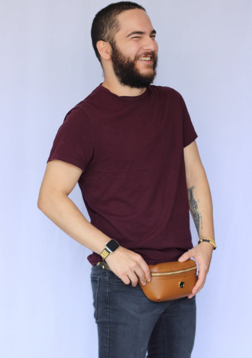 Cangurera riñonera de piel vegana de nopal para hombre mujer unisex casual elegante Nophalli Marrón casual elegante - Glowa Unisex nopal vegan leather fanny pack for men women elegant casual Nophalli Brown - Glowa