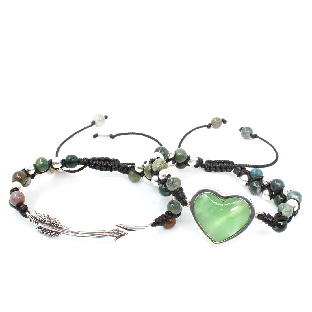Pulsera corazón ojo gato verde plata .925 esterlina ajustable Glowa