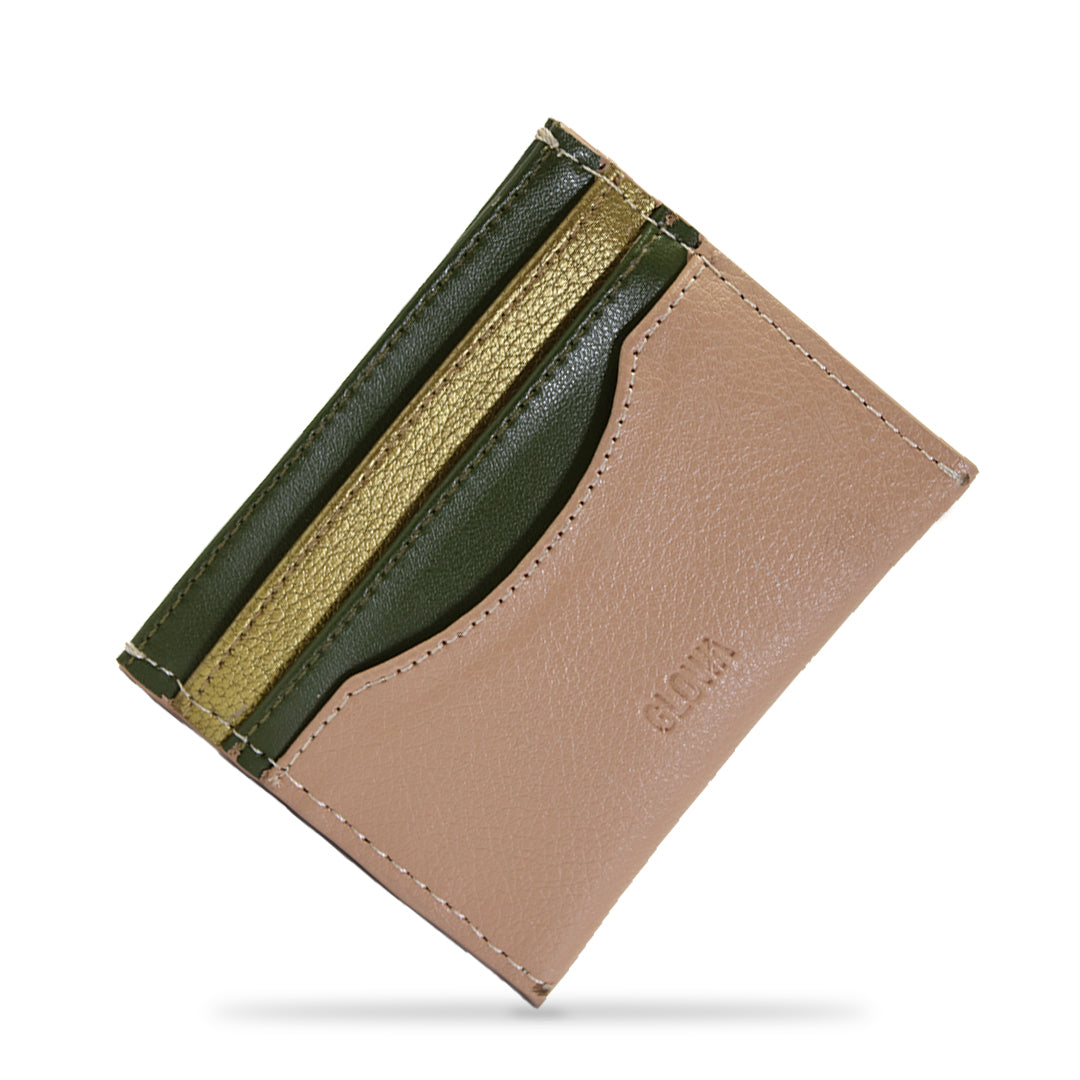 Tarjetero piel vegana de nopal de lujo minimalista Soldi beige- verde- dorado para hombre mujer unisex cuero vegano moda sustentable y ecoamigable - Glowa