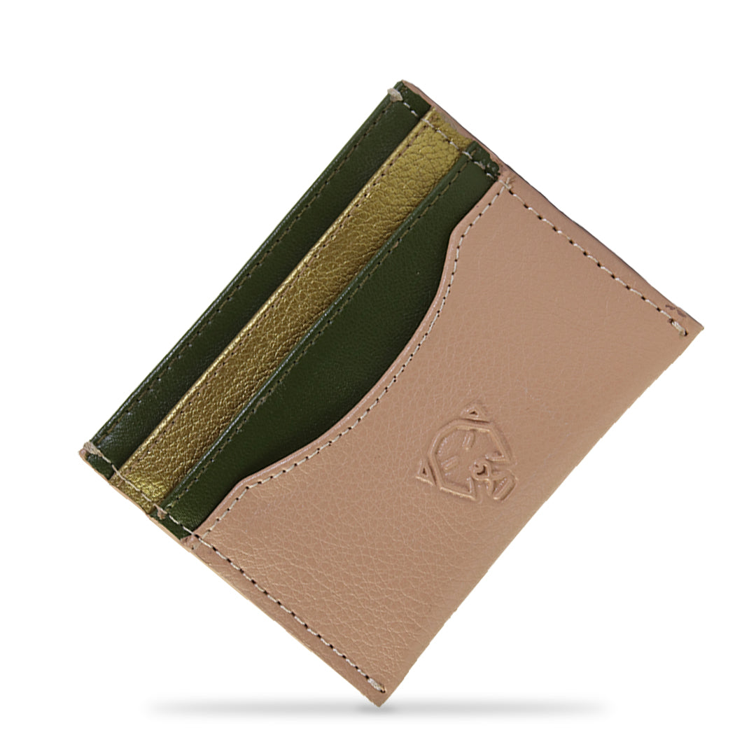 Tarjetero piel vegana de nopal de lujo minimalista Soldi beige- verde- dorado para hombre mujer unisex cuero vegano moda sustentable y ecoamigable - Glowa