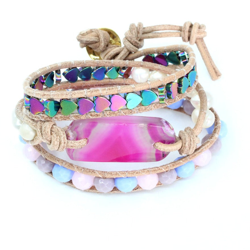 Pulsera Paraiba rosada piedra agata perla cristal tejida ajustable para mujer baño de oro enchapado 24k corazones artesanal - Glowa