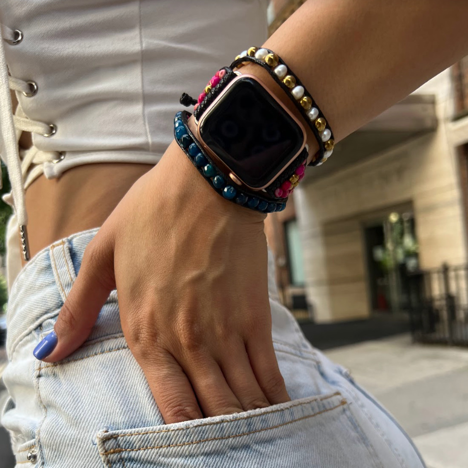 Correa watch jaspe fucsia rosado turquesa perla 42/44 mm - Glowa correa reloj watch tejida mujer unisex ajustable casual moda baño de oro dorado correa reloj Glowa apple watch serie 7 8 3 ultra SE mujer hombre