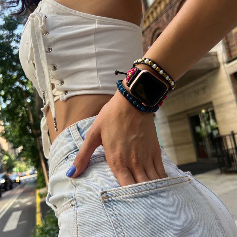 Correa watch jaspe fucsia rosado turquesa perla 42/44 mm - Glowa correa reloj watch tejida mujer unisex ajustable casual moda baño de oro dorado correa reloj Glowa apple watch serie 7 8 3 ultra SE mujer hombre
