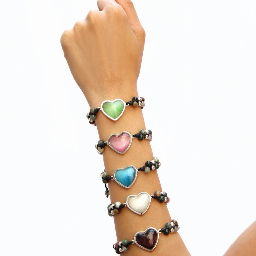 Pulsera corazón ojo gato morado plata .925 esterlina ajustable Glowa
