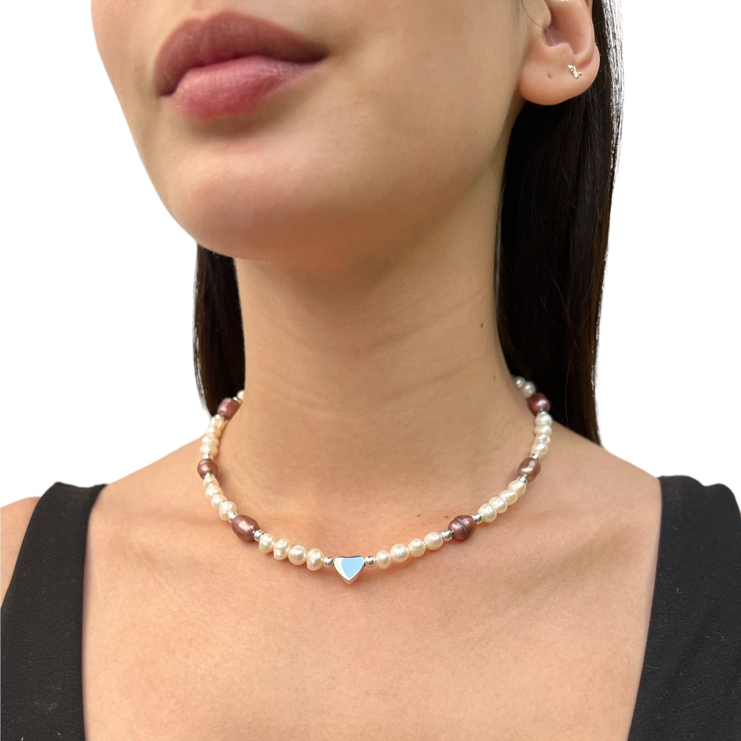 collar perla blanca morada mujer plata corazon esterlina casual elegante