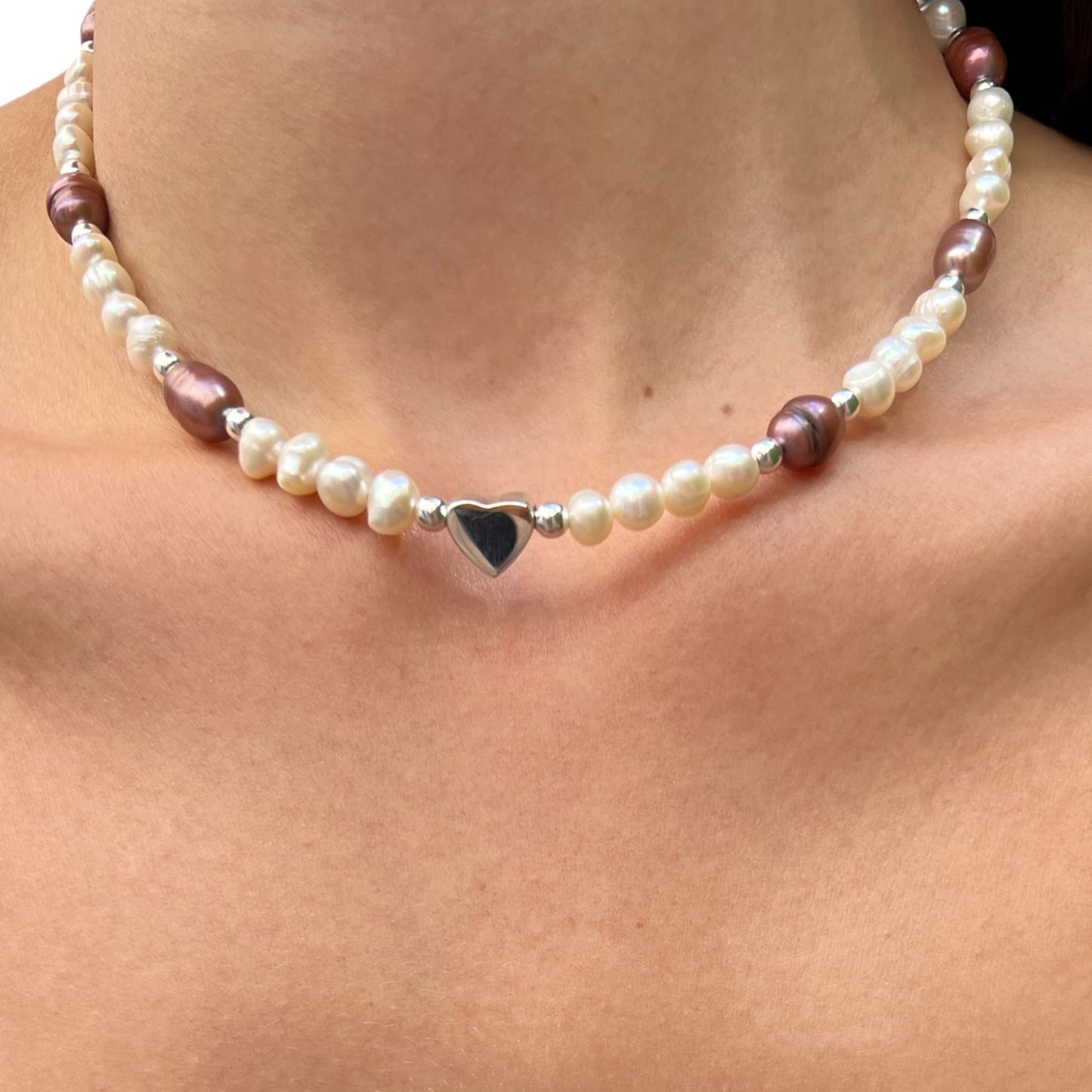 collar perla blanca morada mujer plata corazon esterlina casual elegante