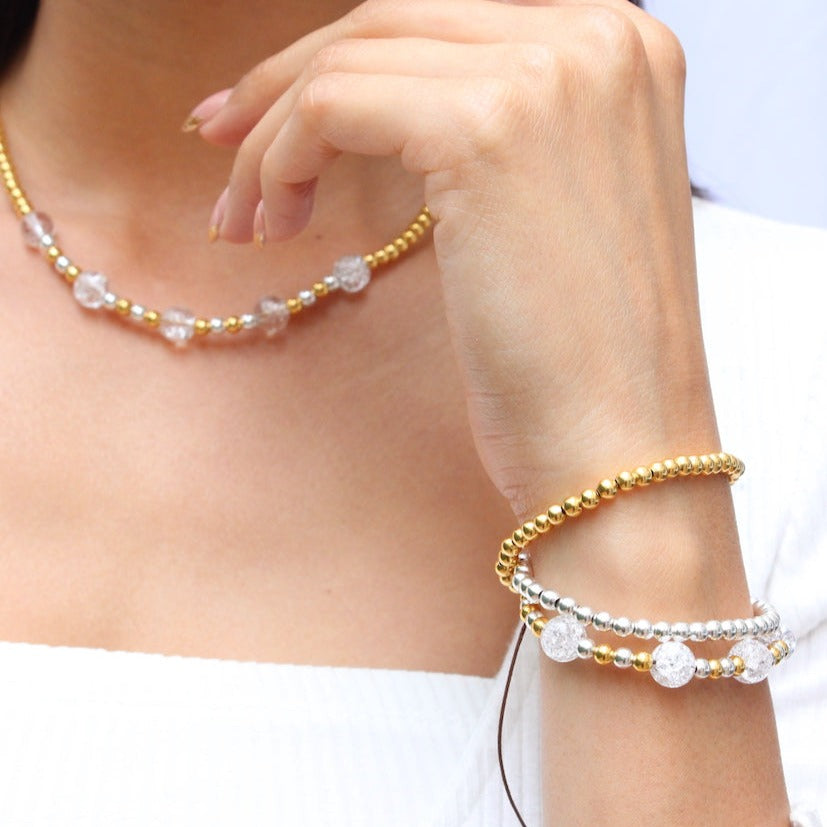 Pulsera de Cuarzo Cristal Craquelado de plata .925 enchapado de oro baño 24k ajustable para mujer casual elegante - Glowa