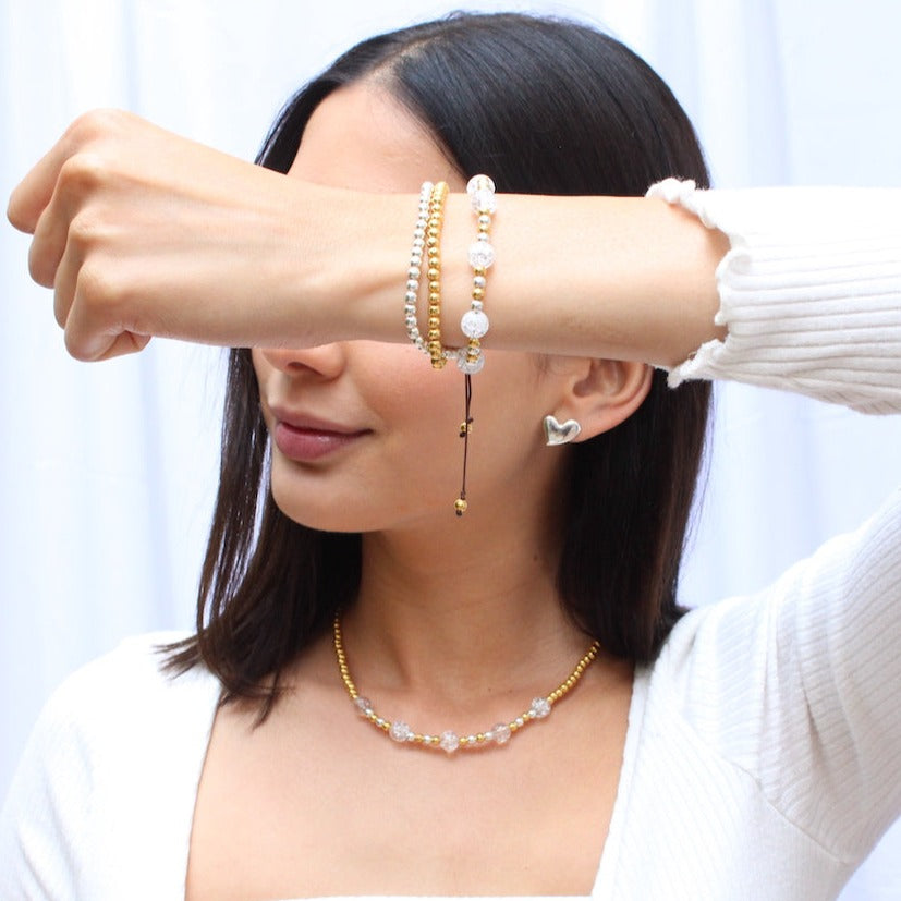 Pulsera de Cuarzo Cristal Craquelado de plata .925 enchapado de oro baño 24k ajustable para mujer casual elegante - Glowa