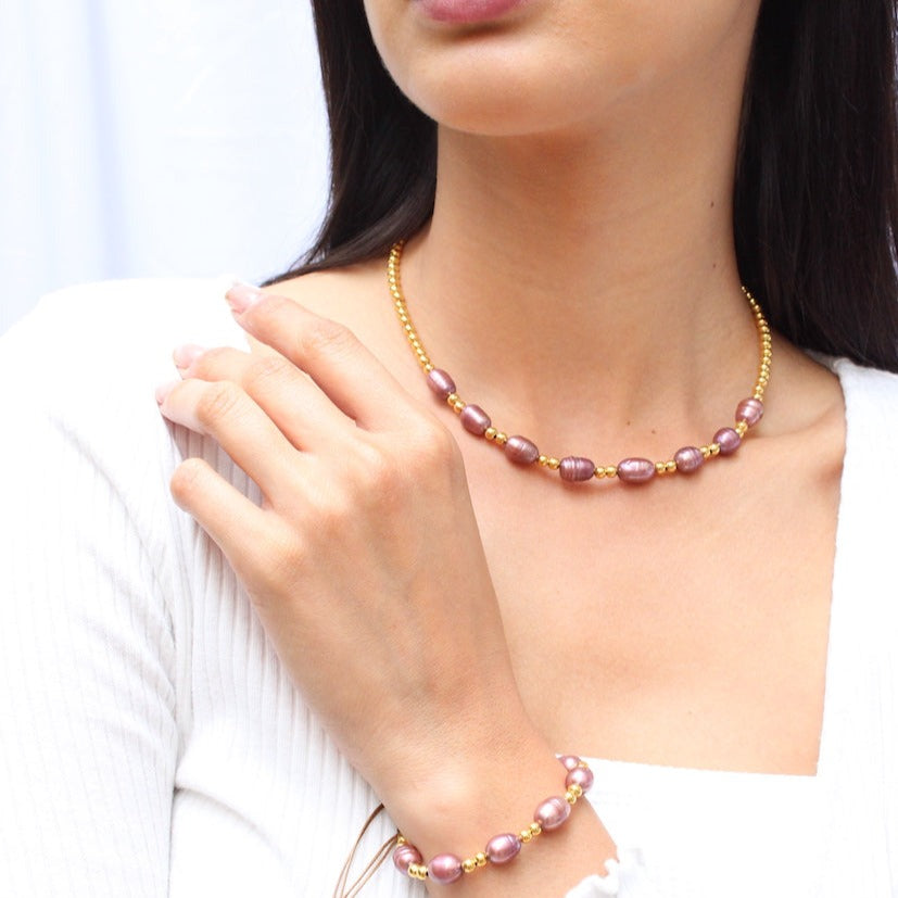 Collar Perla Morada gargantilla para mujer elegante casual baño de oro 24k enchapado ajustable regalo para día mamá mama madres - Glowa