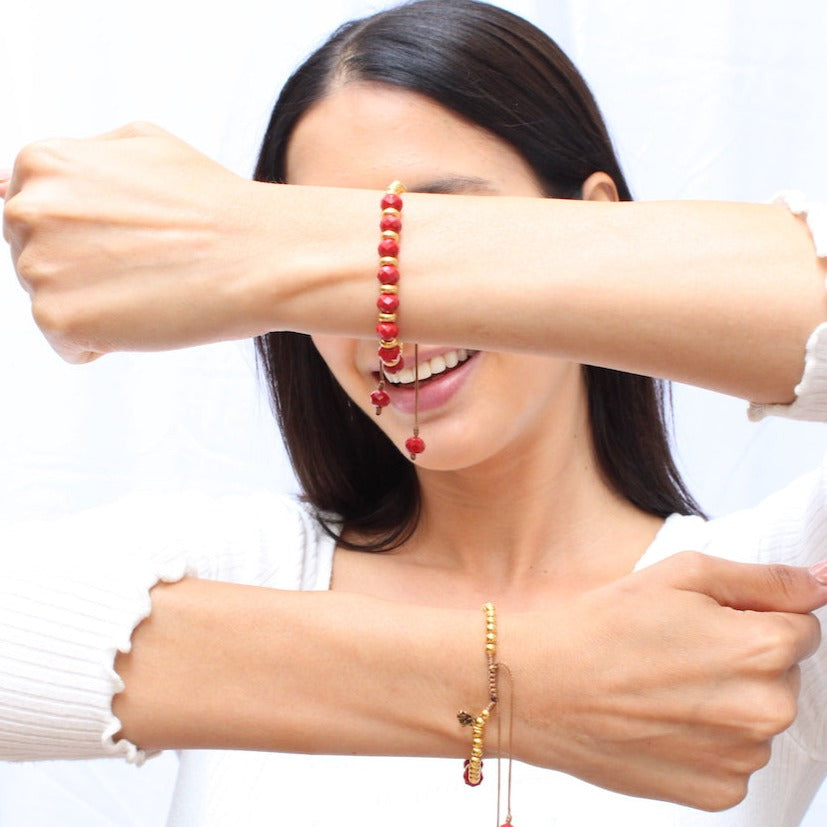 Pulsera de Cristal Checo Rojo Vino y baño de oro 24k enchapado para mujer ajustable hombre - Glowa