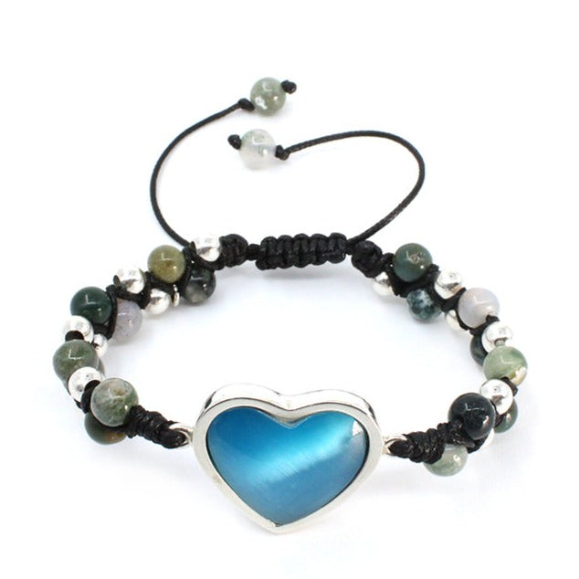 Pulsera corazón ojo gato azul plata .925 esterlina ajustable Glowa