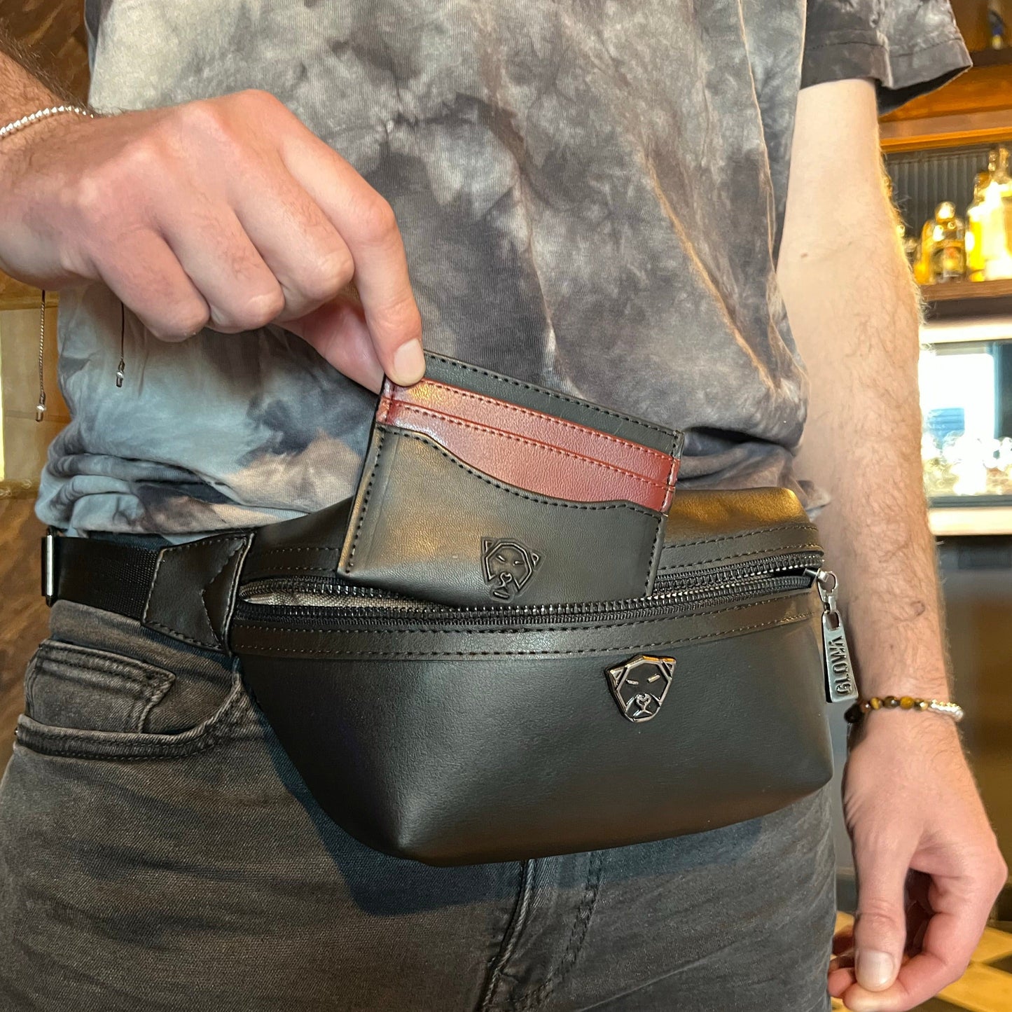 Cangurera riñonera de piel vegana de nopal unisex para hombre mujer elegante casual Nophalli negro - Glowa Unisex nopal vegan leather fanny pack for men women elegant casual Nophalli black- Glowa