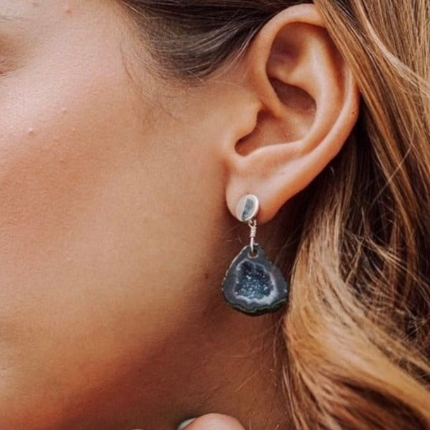 Aretes de plata .925 y piedra geoda , kilig - Glowa colgante mujer esterlina joyería