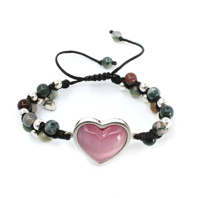 Pulsera corazón ojo gato rosa plata .925 esterlina ajustable Glowa