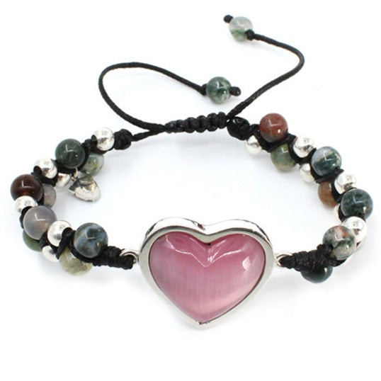 Pulsera corazón ojo gato morado plata .925 esterlina ajustable Glowa