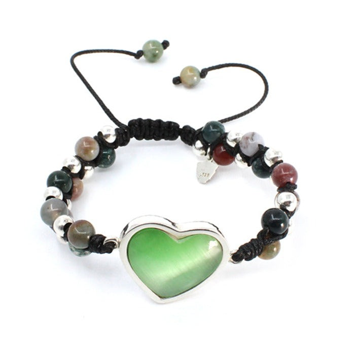 Pulsera corazón ojo gato verde plata .925 esterlina ajustable Glowa