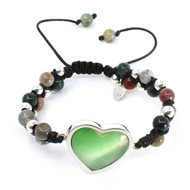 Pulsera corazón ojo gato verde plata .925 esterlina ajustable Glowa