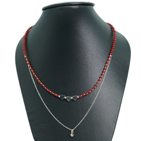 collar de corazones de coralina roja  y plata para mujer doble