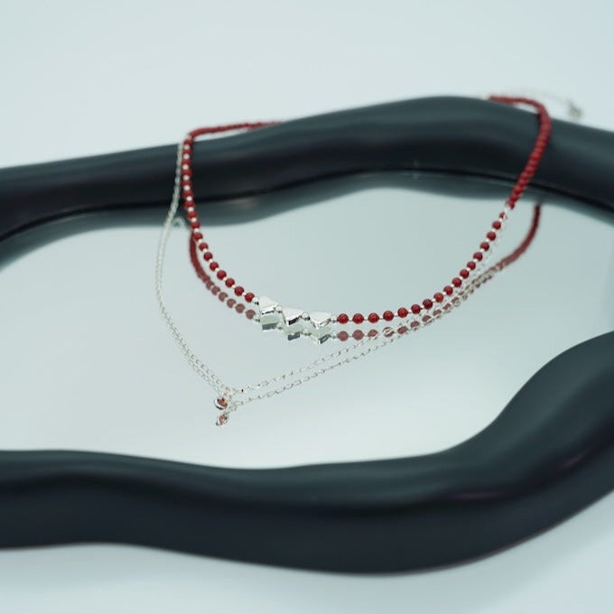collar de corazones de coralina roja  y plata para mujer doble