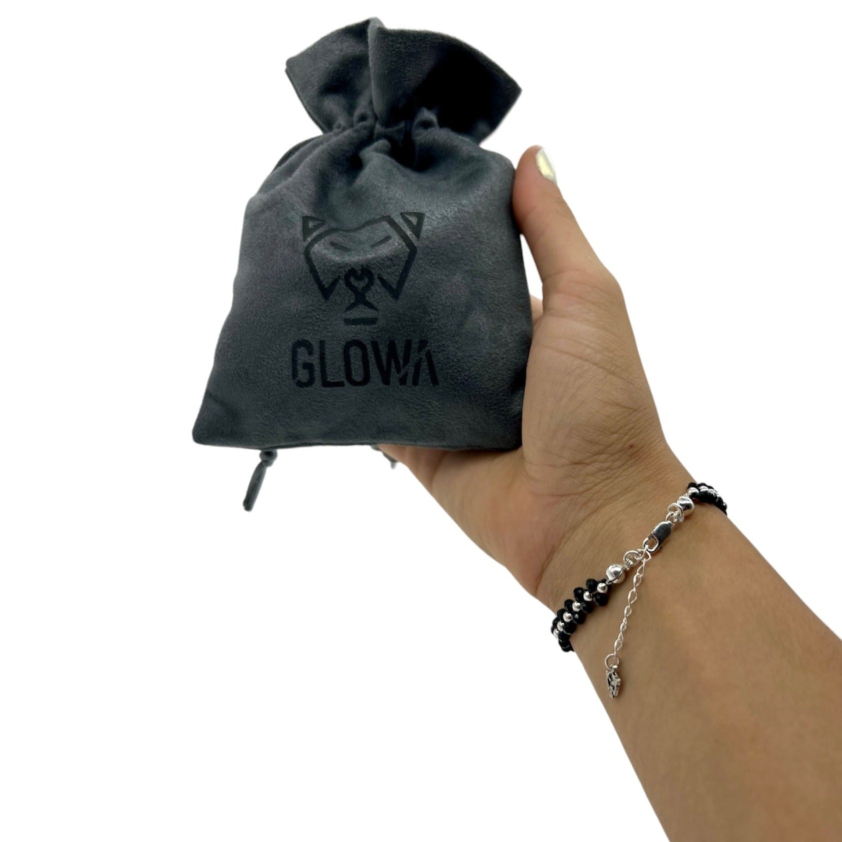 pulsera tejida cristal checo negro plata mujer glowa