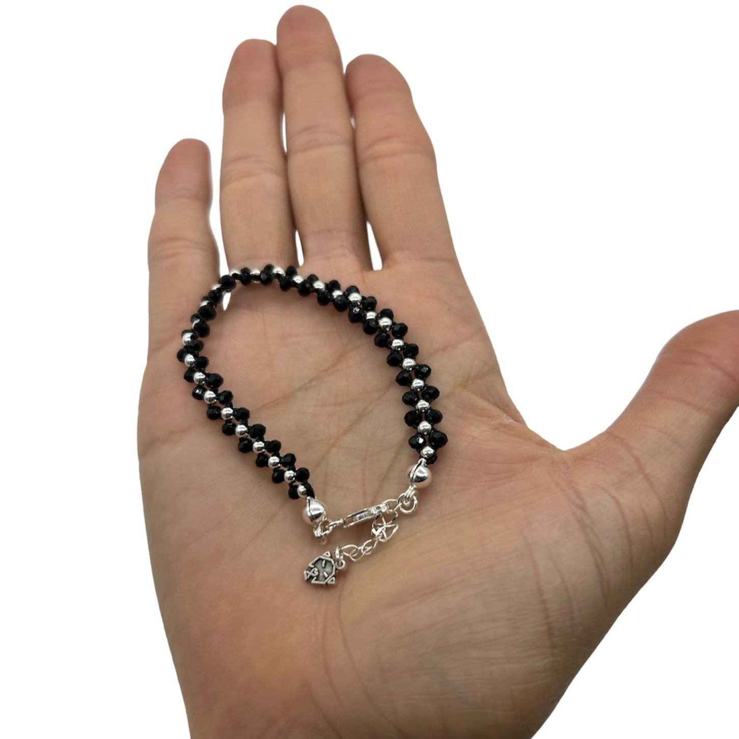pulsera tejida cristal checo negro plata mujer glowa