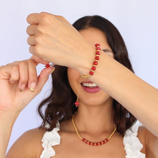 Pulsera de Cristal Checo Rojo Vino y baño de oro 24k enchapado para mujer ajustable hombre regalo día de las madres mamá mama - Glowa