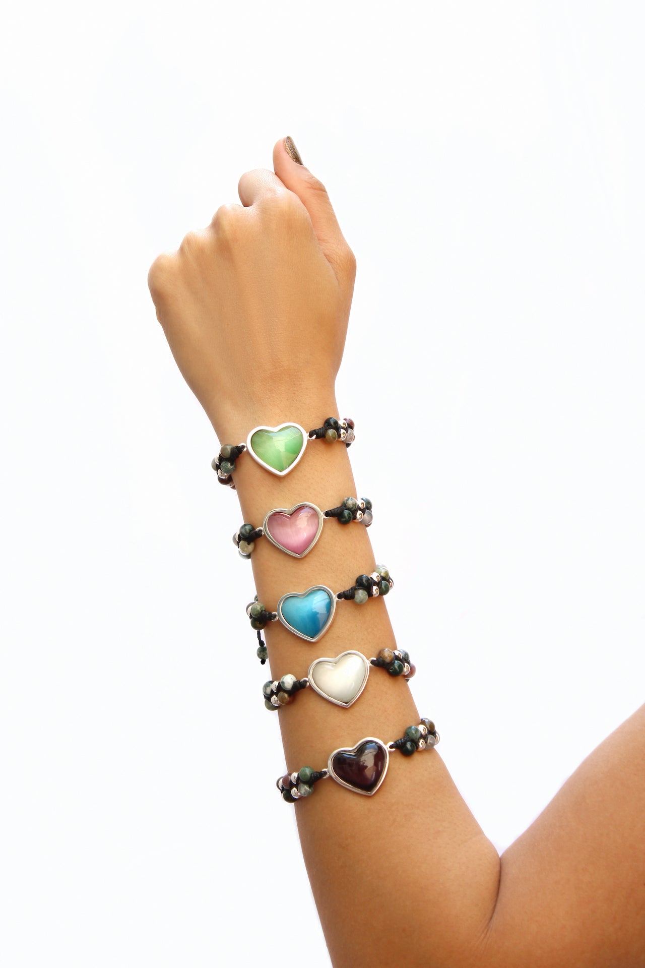 Pulsera corazón ojo gato verde plata .925 esterlina ajustable Glowa