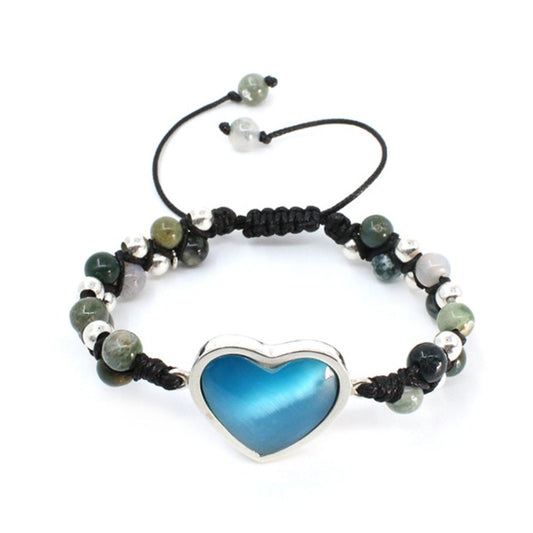 Pulsera corazón ojo gato azul plata .925 esterlina ajustable Glowa