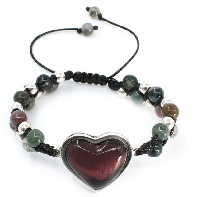 Pulsera corazón ojo gato morado plata .925 esterlina ajustable Glowa